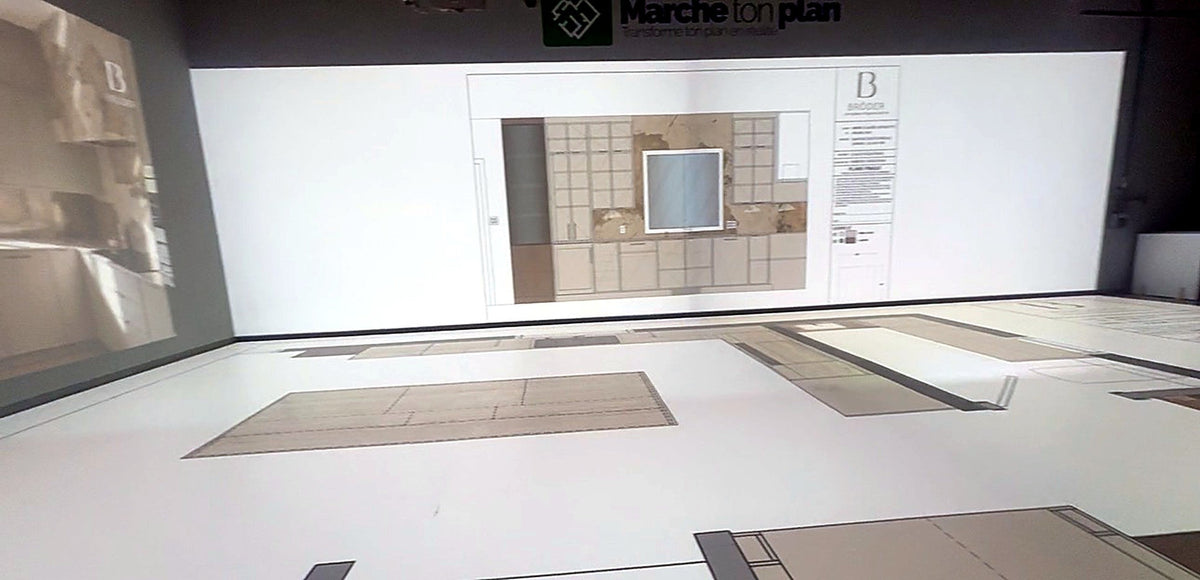 Cuisine projetée au sol en grandeur réelle chez Marche ton plan